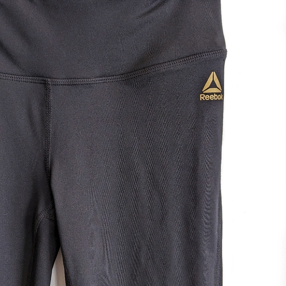 Reebok Black Gold Stretch Yoga Workout Leggings Mesh panels Size XS - Picture 5 of 6